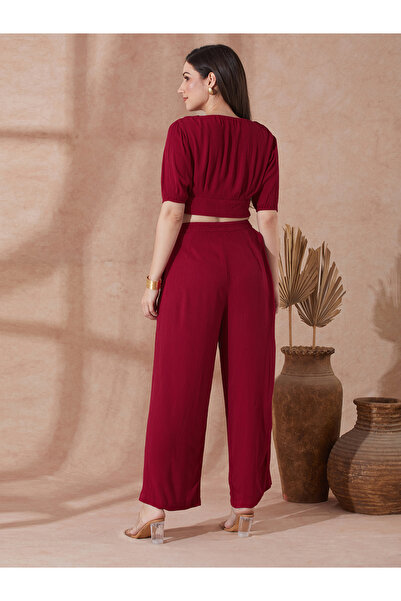 Globus By Styli Red Button Detail Crop Top and Wide Leg Trousers Co-Ords