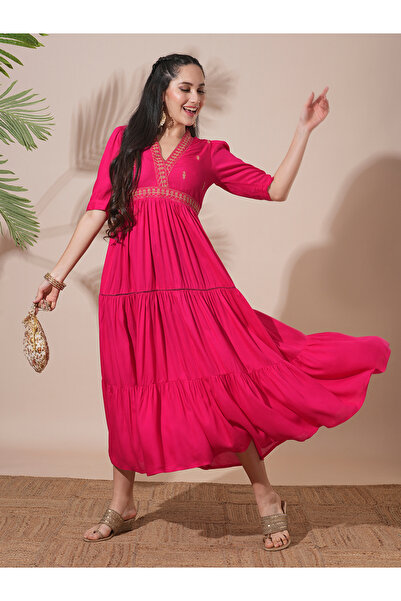 Globus By Styli Pink Embroidered V Neck Tiered Midi Festive Dress