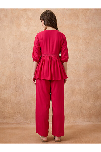 Globus By Styli Red Lace Insert Peplum Top and Trousers Workwear Co-Ords