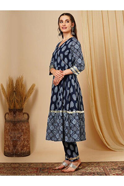 Globus By Styli Blue Ethnic Motif Wrap Kurta and Straight Trousers Festive Set