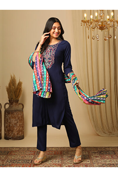 Globus By Styli Navy Embroidered Yoke Kurta, Pants and Bandhani Print Dupatta Set
