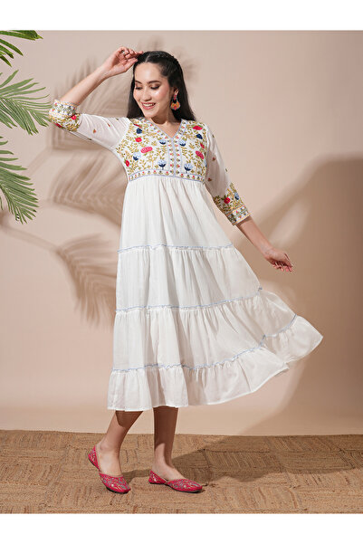 Globus By Styli White Embroidered Yoke Festive Midi Dress