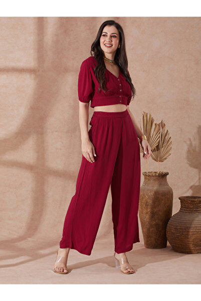 Globus By Styli Red Button Detail Crop Top and Wide Leg Trousers Co-Ords