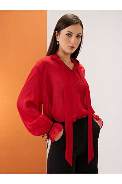 Globus By Styli Red Collared Neck Tie Chiffon Shirt