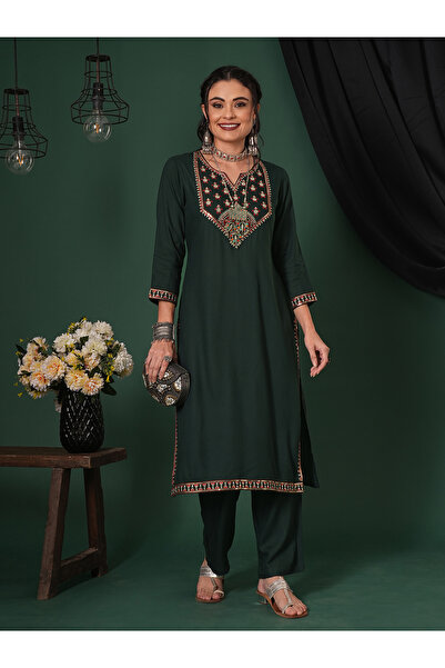 Globus By Styli Dark Green Sequined Embroidered Yoke Kurta and Pants Set