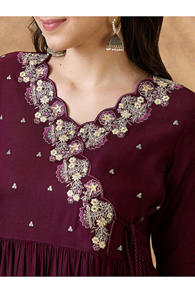 Globus By Styli Purple Embroidered V Neck Midi Festive Dress