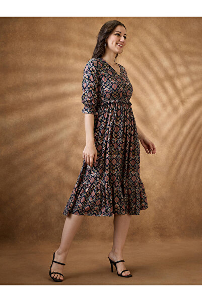 Globus By Styli Multi Ethnic Motif Frill Detail Midi Dress