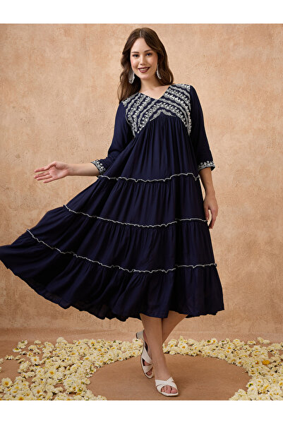 Globus By Styli Navy Embroidered Yoke Alia Cut Ethnic Midi Dress