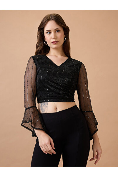 Globus By Styli Black Embellished Party Crop Top