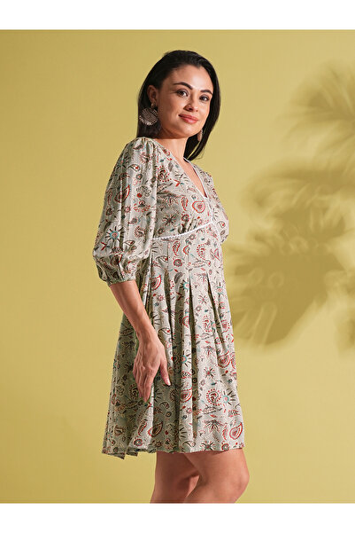 Globus By Styli Grey Paisley Print Pleated Fusion Mini Dress