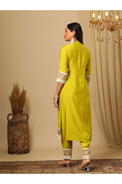 Globus By Styli Yellow Embroidered Sequin Lace Detail Kurta and Pants Set