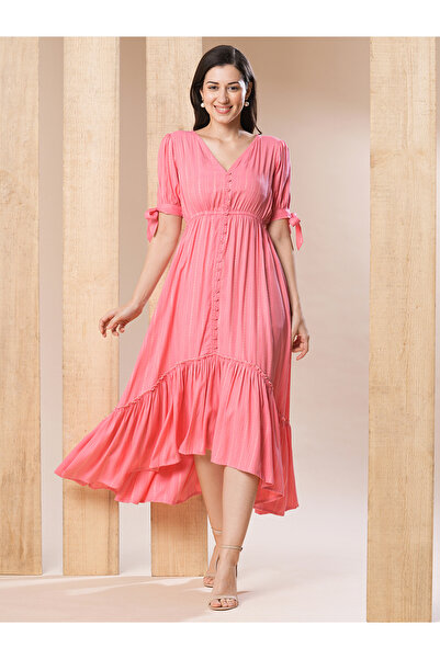 Globus By Styli Pink Self Design Tie-Sleeve Midi Dress