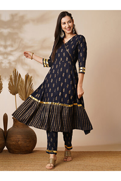 Globus By Styli Women Navy Floral Printed Anarkali Kurta with Pants Set