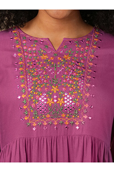 Globus By Styli Purple Embroidered Yoke Fusion Knee Length Dress