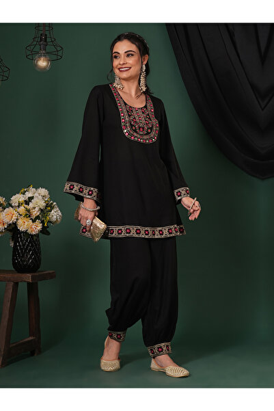Globus By Styli Black Embroidered Yoke Tunic and Afghani Pants Fusion Co-Ords
