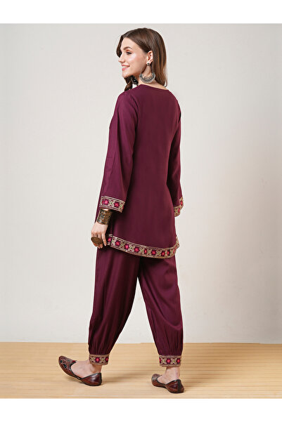 Globus By Styli Maroon Embroidered Yoke Tunic and Afghani Pants Fusion Co-Ords