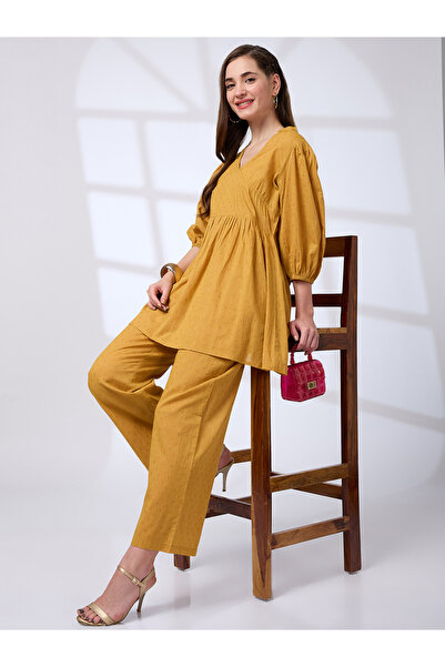 Globus By Styli Yellow Lurex Detail Pattern Tunic and Pants Workwear Co-Ords