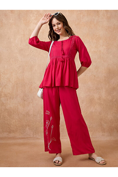 Globus By Styli Red Lace Insert Peplum Top and Trousers Workwear Co-Ords