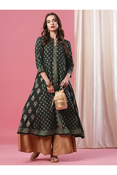 Globus By Styli Dark Green Ethnic Motifs Print Paneled Anarkali Kurta