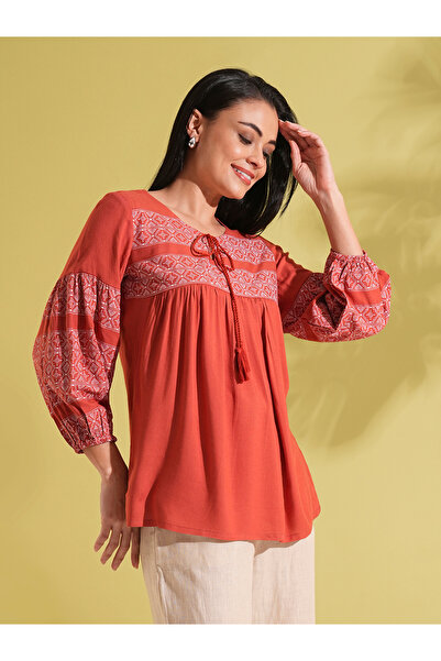 Globus By Styli Rust Tie-Up Ethnic Print Workwear Tunic