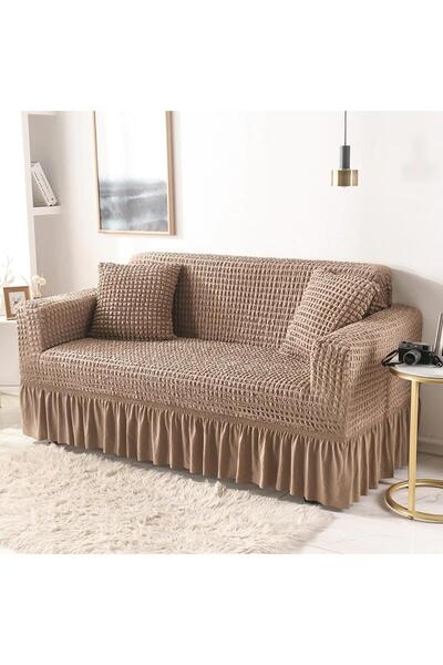 Sale4u Husa pentru canapea 3 locuri – Creponata cu Volane – Cafea cu lapte