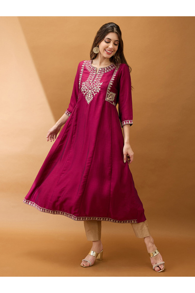 Globus By Styli Burgundy Embroidered Yoke Anarkali Festive Kurta