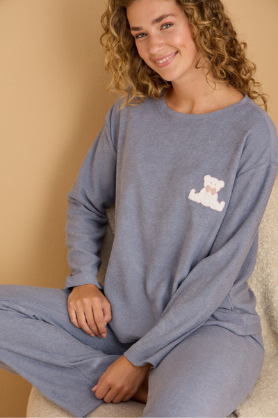 Siyah İnci Blue Embroidered Towel Fabric Knitted Pajama Set25226007