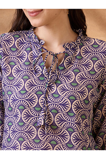 Globus By Styli Blue Tie-Up Neck Ethnic Print Workwear Tunic