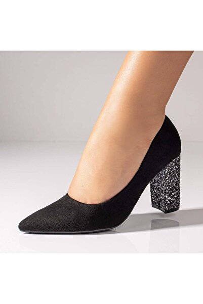 Modlet.ro Women's black suede chunky heeled shoes with silver heel MOD08567