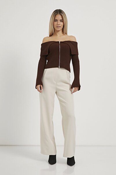 Arma Life Women's Turn-Down Collar Slit Basic Brown Crop Cardigan