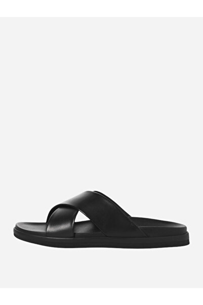 Jack & Jones Black Leather Cross Strap Sandals