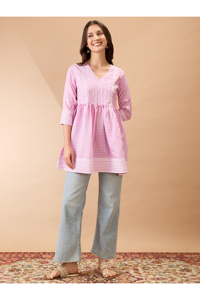 Globus By Styli Pink Ethnic Print Sequined Detail Tunic