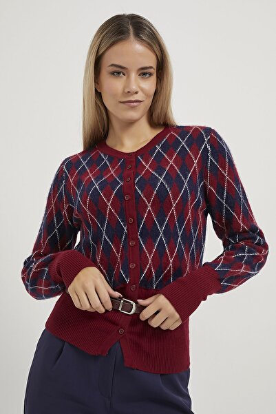 Arma Life Dámský krátký svetřík s kostkovaným vzorem a páskem na knoflíky, vínová barva