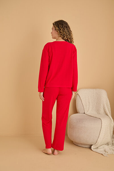 Siyah İnci kırmızı Nakışlı Havlu Kumaş Örme Pijama Takım25226007