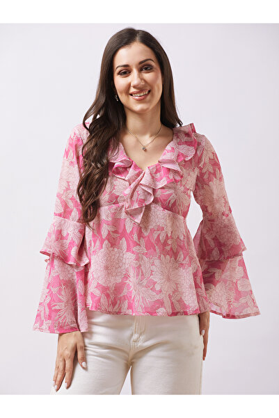 Globus By Styli بلوزة جورجيت وردية اللون بأكمام واسعة وطبقات