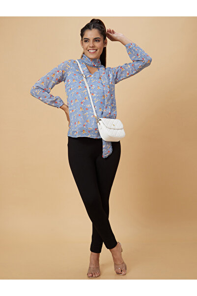 Globus By Styli Blue Floral Print Tie-Up Neck Top