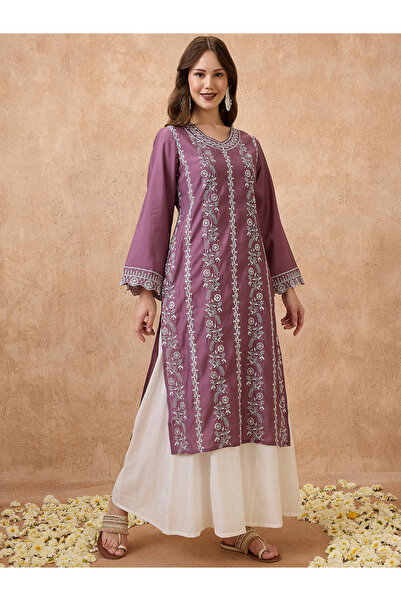 Globus By Styli Purple Floral Embroidered Bell Sleeves Festive Kurta
