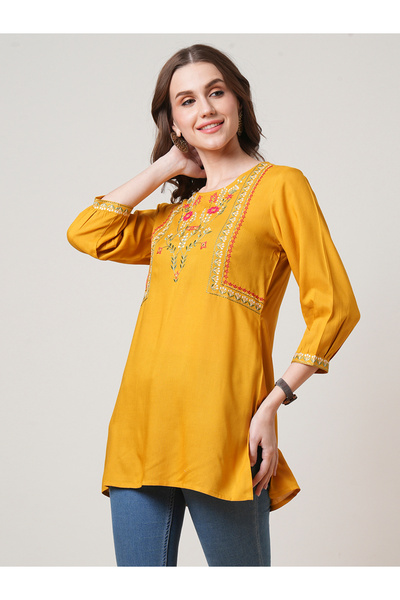 Globus By Styli Mustard Embroidered Yoke Fusion Tunic