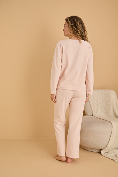 Siyah İnci pembe Nakışlı Havlu Kumaş Örme Pijama Takım25226008