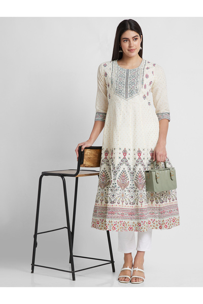 Globus By Styli Off White Printed Round Neck Anarkali Kurta