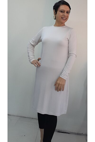 Mertcan Butik Бежова блуза с дълъг ръкав и обло деколте