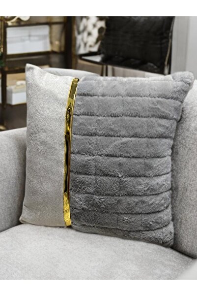 OBARA DEKOR Husă decorativă pentru pernă 45x45 Gri Plush cu detalii aurii Pernă decorativă”