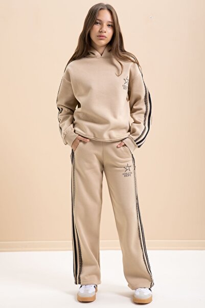 Cansın Mini Μπεζ 3-κλωνο σετ φόρμας με κουκούλα για κορίτσια με λεπτομέρεια από δαντέλα 22723