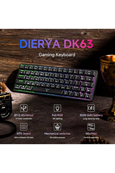 Generic DIERYA DK63 60% Wireless Mechanical Gaming Keyboard Bluetooth/2.4G/Wired RGB Backlit Anti-Ghosting C