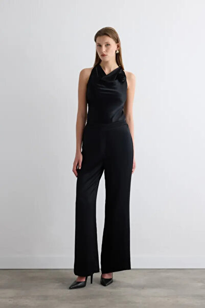 Gusto Bol Paça Saten Pantolon - Siyah