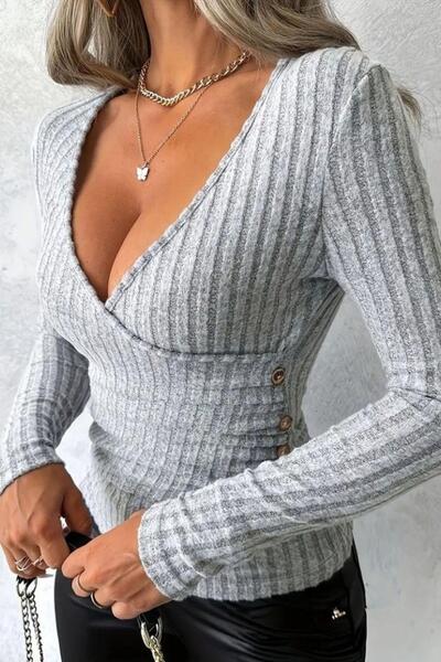 Mossta Double-Breasted Collar Buttoned Chiffon Camisole Blouse - Gray