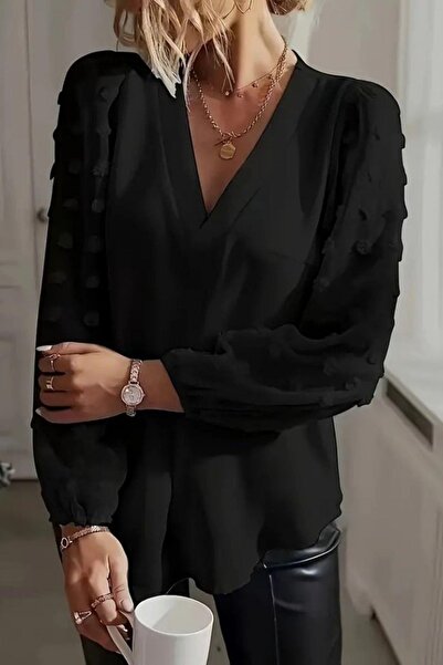 Mossta Μπλούζα Sandy με λεπτομέρεια με λαιμόκοψη σε σχήμα V - Μαύρο