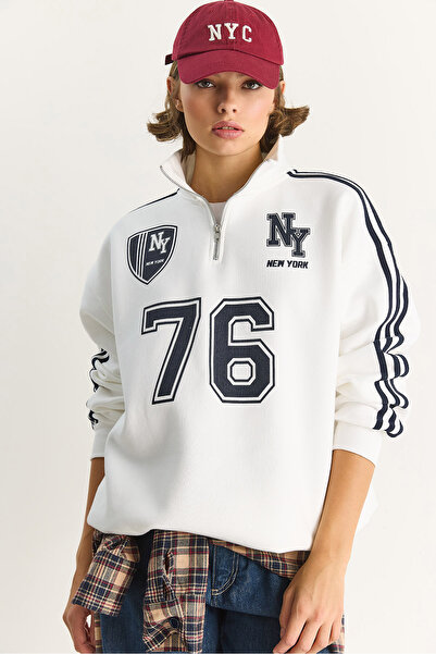 Bianco Lucci Kadın Üç İplik Uzun Kollu Yarım Fermuarlı Dik Yaka Baskılı Sweatshirt 10011 60283562