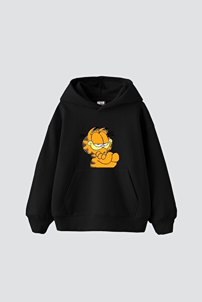 Bak Moda Hanorac negru oversize unisex cu imprimeu Garfield