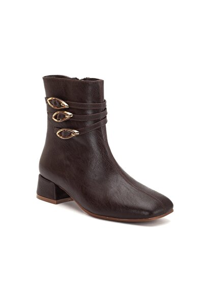 Dilimler Ayakkabı Women's Short Heeled Boots Brown Faux Leather Blunt Toe Metal Buckle